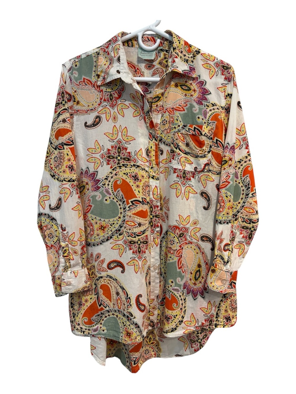 True Destinations Boho Paisley Cotton Tunic Button-Down Shirt Size Medium